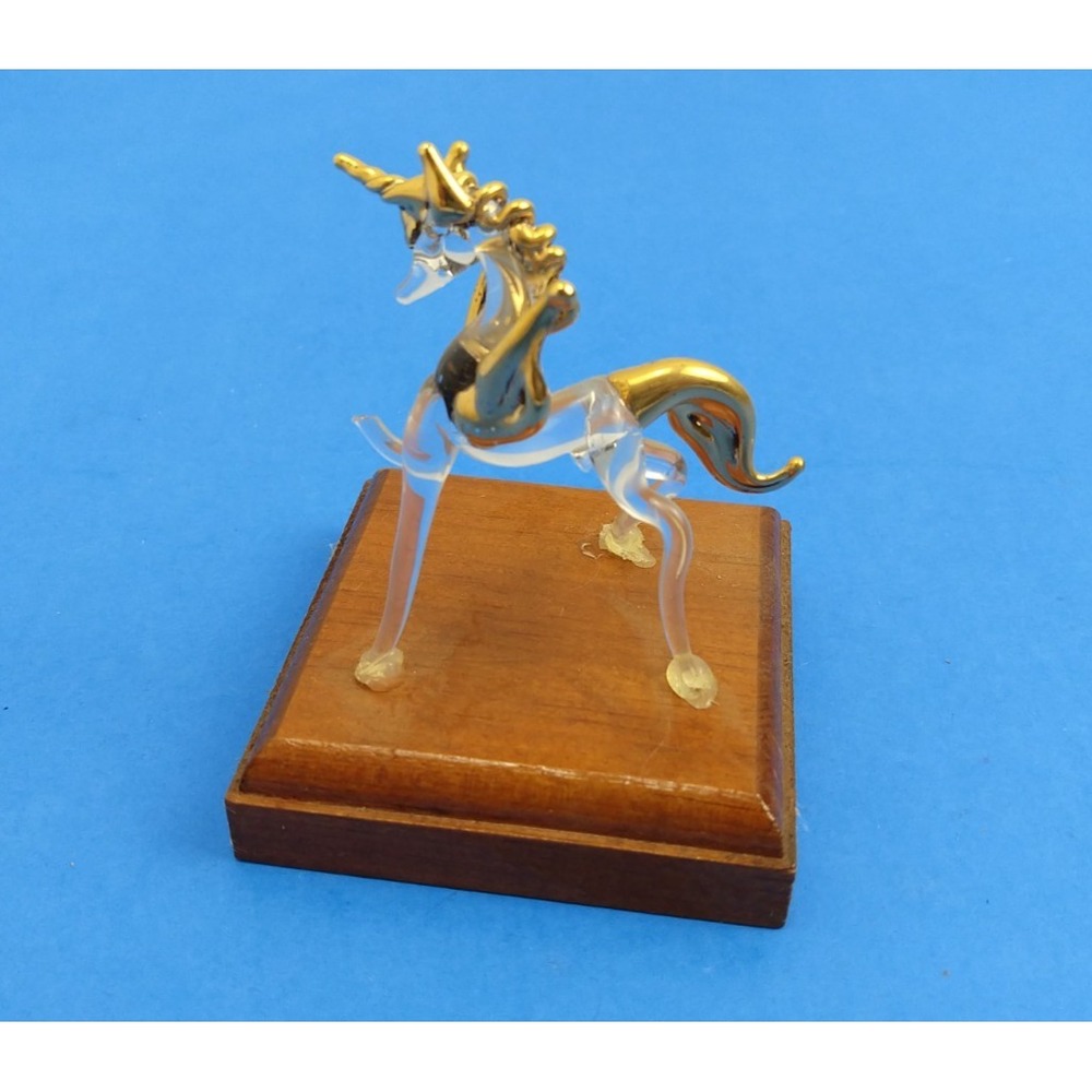 22Kt Gold Painted Glass Unicorn Sculpture 3" Fantasy Figurine Wood Base